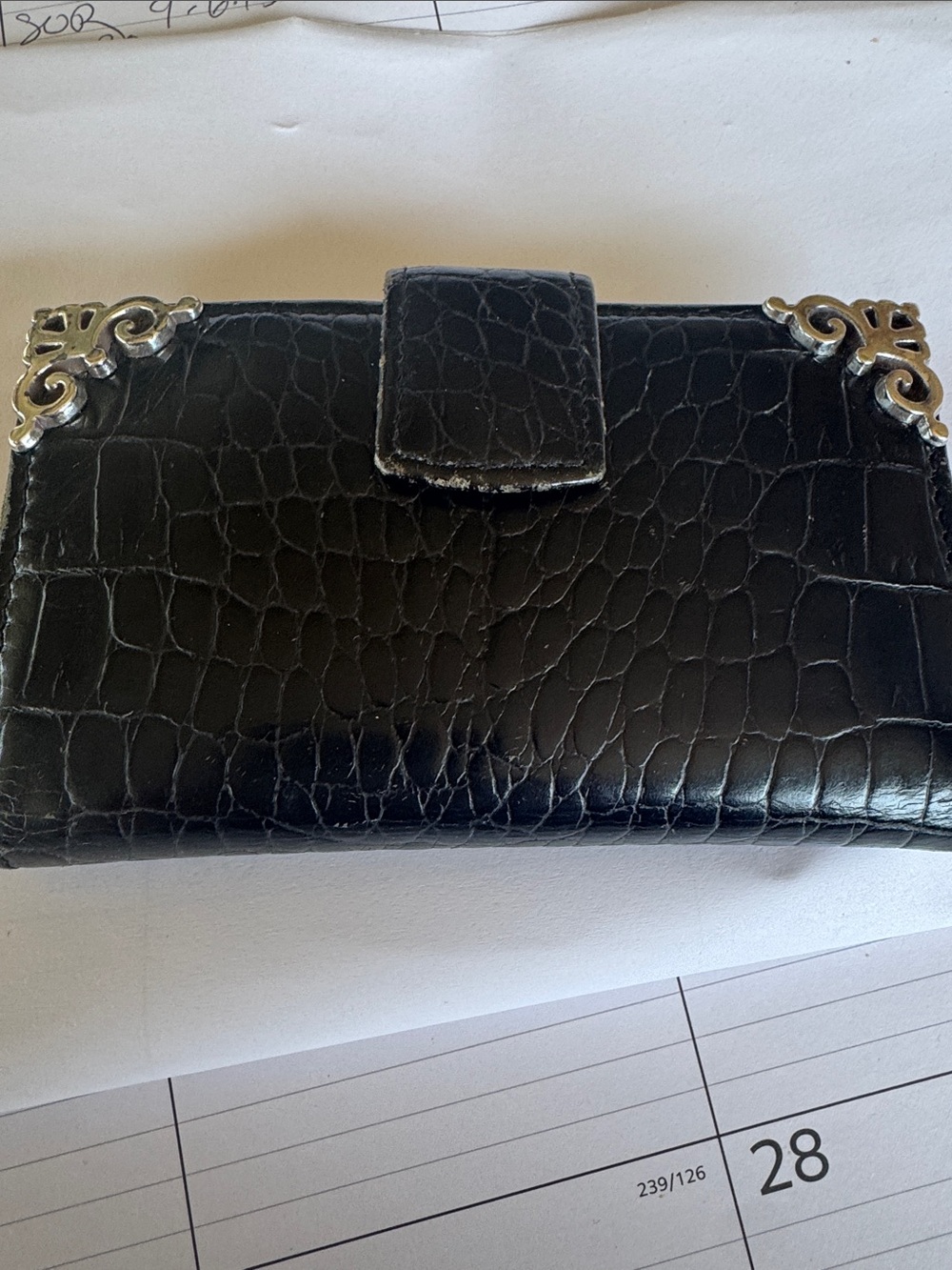 Brighton Black Croc-Embossed Wallet with Silver Corner Filigree